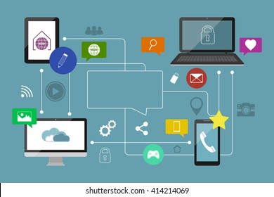 Cloud vector illustration. Icons, symbols, computer, tablet, phone and laptop.