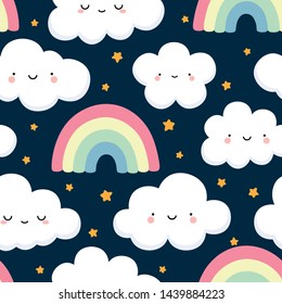 cloud vector pattern, cute cloud face background, rainbow and stars seamless pattern, cartoon vector illustration, night sky background for baby
