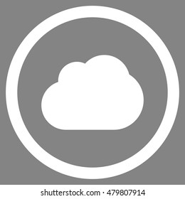 Cloud vector rounded icon. Image style is a flat icon symbol inside a circle, white color, gray background.