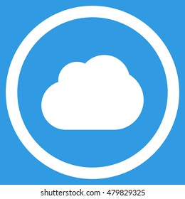 Cloud vector rounded icon. Image style is a flat icon symbol inside a circle, white color, blue background.