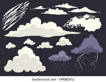 Cloud vector set isolated on dark background, cartoon storm cloudscape with different types