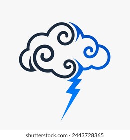 Cloud vector with swirly lines and thunder bold in 2 half and shades. Icon be used for showing weather conditions or other graphic posts. Magical storm cloud.