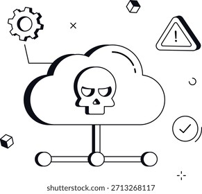 Gestión de vulnerabilidades en la nube con equipo de cráneo y Ilustración vectorial plana isométrica de alerta