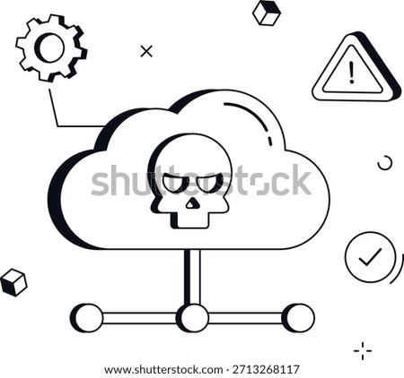 Cloud vulnerability management with skull gear and alert isometric flat vector illustration