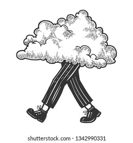 Cloud walks on its feet sketch engraving vector illustration. Scratch board style imitation. Black and white hand drawn image.