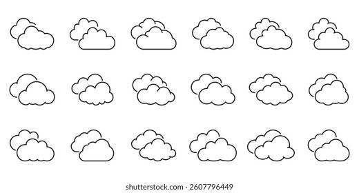 Cloud weather forecast line icon set. Cloud sky meteorology outline symbol collection. Editable stroke. Isolated vector illustration.