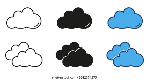 Cloud weather forecast line and solid icon set. Climate and meteorology symbol collection. Isolated vector illustration.