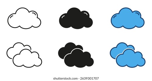 Cloud weather line and solid icon set. Illustrations of different cloud types with various weather conditions like rain and sun. Meteorology symbol collection. isolated vector illustration.