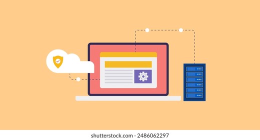 Cloud-Web-Hosting, Website auf Cloud-Server gehostet, Cloud-Computing-Technologie. Sichere Datenspeicherung auf dem Cloud-Server - Vektorillustration mit Symbolen