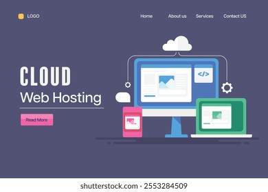 Hospedagem na Web em nuvem, Site hospedado no servidor em nuvem, Hospedagem na nuvem para site e aplicativos - página inicial de ilustração vetorial