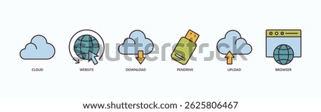 Cloud And Web Utilities Icon Set Isolated Vector Illustration Concept With Icon Of Cloud, Website, Download, Pendrive, Upload, Browser In Outline Color Style