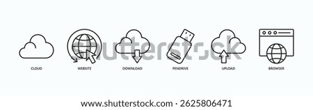 Cloud And Web Utilities Icon Set Isolated Vector Illustration Concept With Icon Of Cloud, Website, Download, Pendrive, Upload, Browser In Outline Style