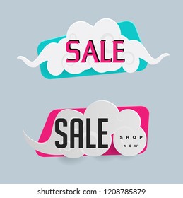 Cloud white made of paper. Origami Sale tag Banner Collection with Modern Colors.