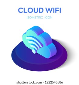 Cloud Wifi Icon. 3d Isometric Cloud Icon With WiFi Sign. Created For Mobile, Web, Decor, Print Products, Application. Perfect For Web Design, Banner And Presentation. Vector Illustration.