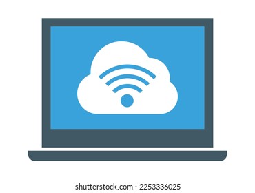 Señal Cloud Wifi con portátil y símbolo Patrón de nube o nube, ilustración de diseño de concepto de tecnología inalámbrica de Internet flotación aislada en fondo cielo azul, icono de Internet en la nube Wifi.