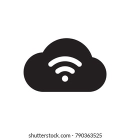 Cloud with WiFi symbol, flat black, isolate on white background. Vector. Illustration.