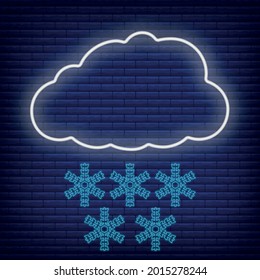 Cloud with wind snow, snowflake icon glow neon style, concept weather condition outline flat vector illustration, isolated on black. Brick background, web climate label stuff.