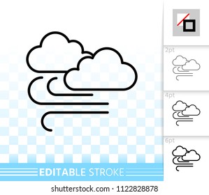 Cloud with wind thin line icon. Outline web sign of wind. Hurricane linear pictogram with different stroke width. Simple vector symbol, transparent background. Cloud editable stroke icon without fill