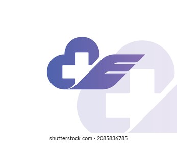 Diseño del logotipo de vuelo en nube y alas, gráficos del vector de rescate médico
