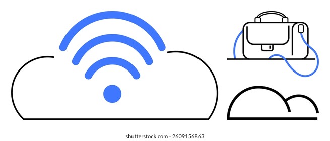 Cloud with wireless signal, briefcase, and cloud outline. Ideal for technology, business connectivity, networking, telecommuting, data storage, remote work, and cloud services. Line metaphor
