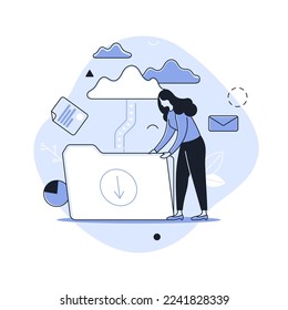 Nube y mujer sujetando una carpeta con flecha hacia abajo. Concepto de descarga de archivos, datos o información de archivo en línea, base de datos en Internet o servicio de almacenamiento web. Ilustración vectorial lineal moderna.