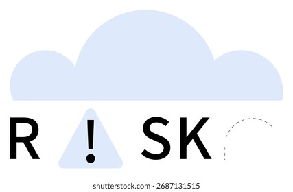 Cloud with word RISK where the I is replaced by an exclamation mark in a triangle. Ideal for business, IT security, data protection, decision making, safety protocols, risk assessment. Line metaphor