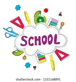 cloud with the word school on the background of stationery painted in the style of Doodle