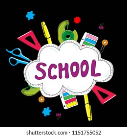 cloud with the word school on the background of stationery painted in the style of Doodle
