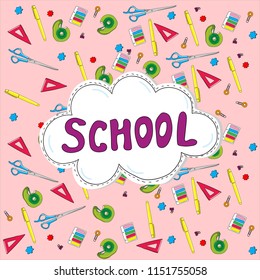 cloud with the word school on the background of stationery painted in the style of Doodle
