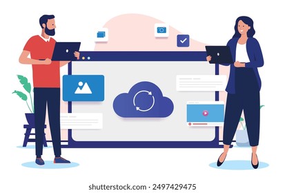 Cloud work - People working on computer online in the digital cloud together. Cooperating and efficient online teamwork concept in flat design vector illustration on white background