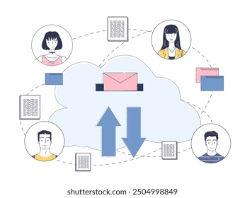 Cloud work service. Men and women exchange documents on Internet. Collaboration and cooperation, teamwork. Digital archive and storage. Linear vector illustration isolated on white background