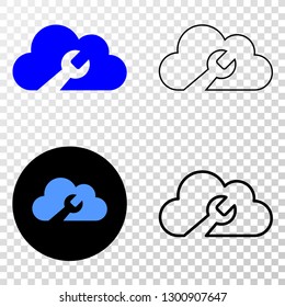Cloud wrench EPS vector pictograph with contour, black and colored versions. Illustration style is flat iconic symbol on chess transparent background.