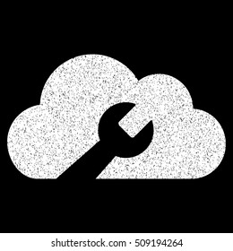 Cloud Wrench Tools grainy textured icon for overlay watermark stamps. Flat symbol with unclean texture. Dotted vector white ink rubber seal stamp with grunge design on a black background.