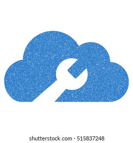 Cloud Wrench Tools grainy textured icon for overlay watermark stamps. Flat symbol with dust texture. Dotted vector cobalt ink rubber seal stamp with grunge design on a white background.