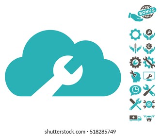Cloud Wrench Tools icon with bonus service symbols. Vector illustration style is flat iconic grey and cyan symbols on white background.