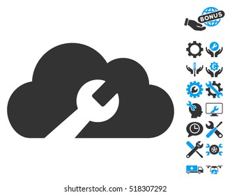 Cloud Wrench Tools icon with bonus setup tools pictograph collection. Vector illustration style is flat iconic blue and gray symbols on white background.
