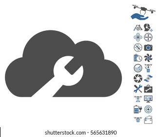 Cloud Wrench Tools icon with bonus quad copter service icon set. Vector illustration style is flat iconic cobalt and gray symbols on white background.