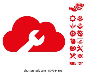 Cloud Wrench Tools icon with bonus options images. Vector illustration style is flat iconic red symbols on white background.