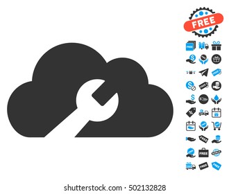 Cloud Wrench Tools icon with free bonus design elements. Vector illustration style is flat iconic symbols, blue and gray colors, white background.