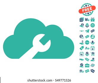 Cloud Wrench Tools icon with free bonus images. Vector illustration style is flat iconic symbols, cobalt and cyan colors, white background.