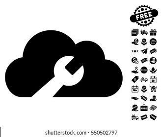 Cloud Wrench Tools icon with free bonus pictograms. Vector illustration style is flat iconic symbols, black color, white background.