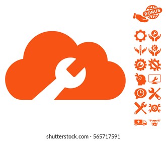 Cloud Wrench Tools pictograph with bonus service clip art. Vector illustration style is flat iconic orange symbols on white background.