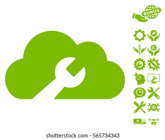 Cloud Wrench Tools pictograph with bonus tools symbols. Vector illustration style is flat iconic eco green symbols on white background.