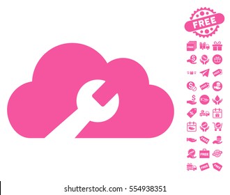 Cloud Wrench Tools pictograph with free bonus images. Vector illustration style is flat iconic symbols, pink color, white background.