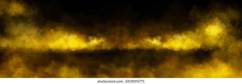 Wolke aus gelbem Rauch auf schwarzem Hintergrund. Vektorrealistische Illustration von goldenem Farbstaubüberlagerungseffekt, transparenter, rauchiger Nebel-Textur, giftiger chemischer Smog, Nachtklubpartdampf, heller Dunst