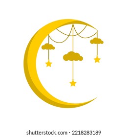 Cloud with yellow stars line spider cobweb hanging on crescent moon mystic magic on white background concept sweet dream and good night flat vector design.