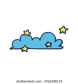 cloud with yellow stars vector illustration on white background. night sky. hand drawn vector. cloud and stars icon. doodle for kids, wallpaper, cover, banner, poster, sticker, clipart, logo, label.