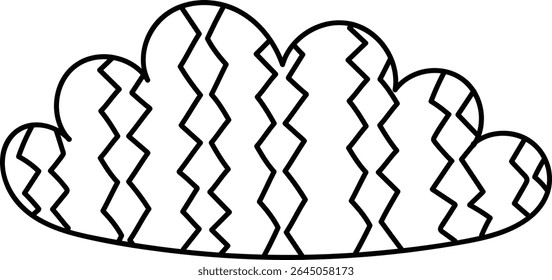 A cloud with zigzag patterns drawn in a bold, outlined style. The illustration depicts a fluffy shape adorned with jagged lines. Cartoon vector illustration.