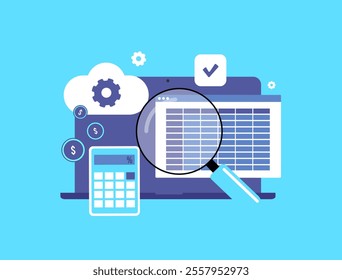 Cloud-based accounting - financial audits, budget analysis, profit tracking, automated calculations, data storage and secure cloud tools for managing finance and generating ai reports illustration