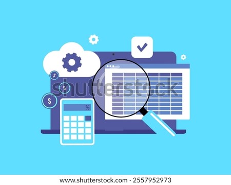 Cloud-based accounting - financial audits, budget analysis, profit tracking, automated calculations, data storage and secure cloud tools for managing finance and generating ai reports illustration